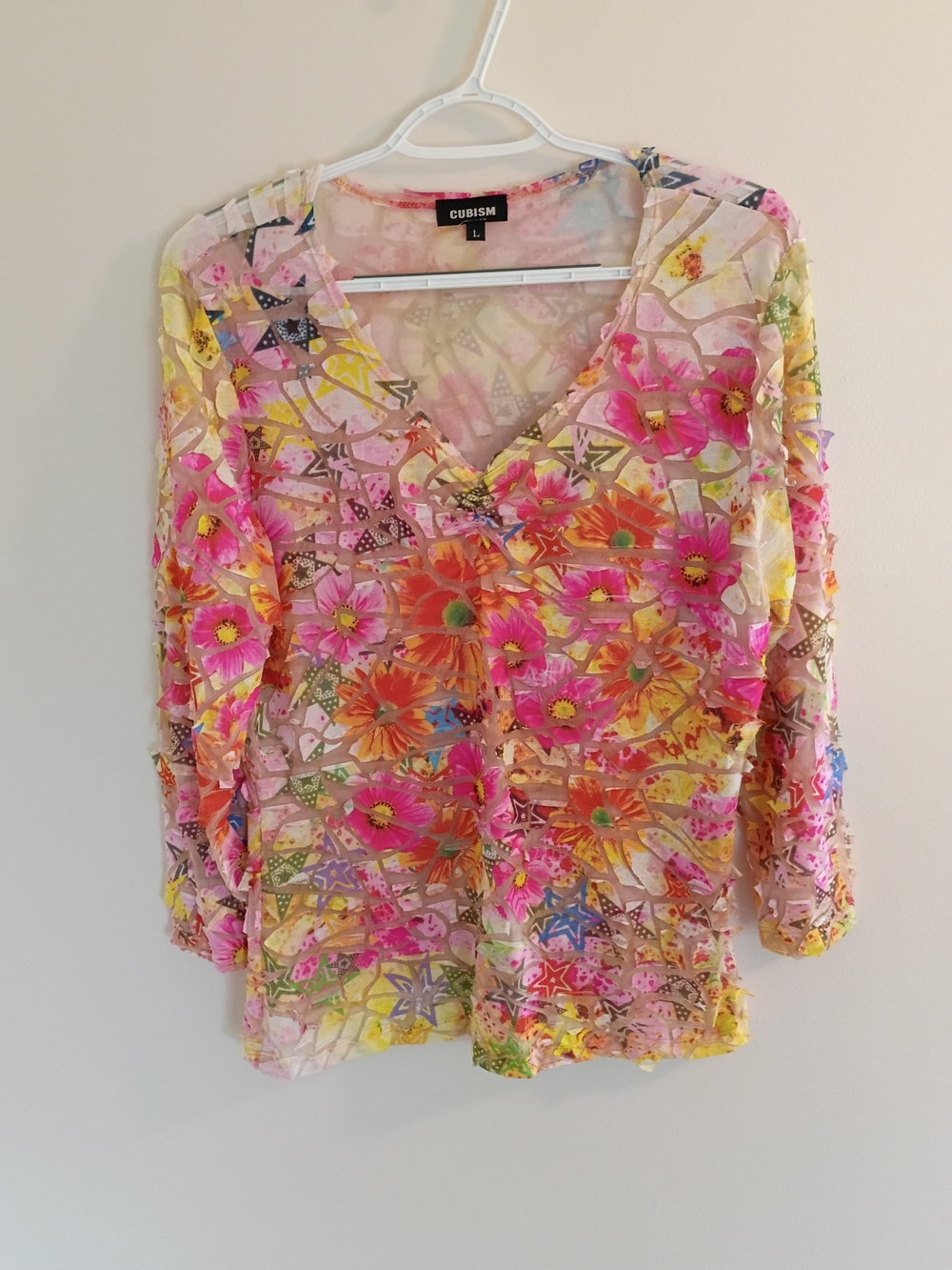 Cubism Floral V-Neck Blouse — Pink & Orange